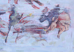  Title (Jugar Correr Rojo)s 43 X 43  Oil paint, glaze oil pencil, on panel.